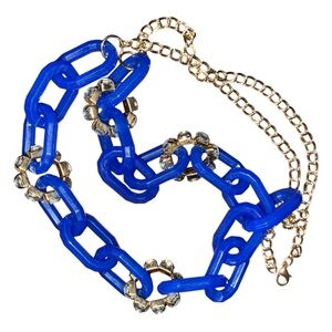 Chunky Blue Link Statement Necklace Rhinestone Accents Lightweight